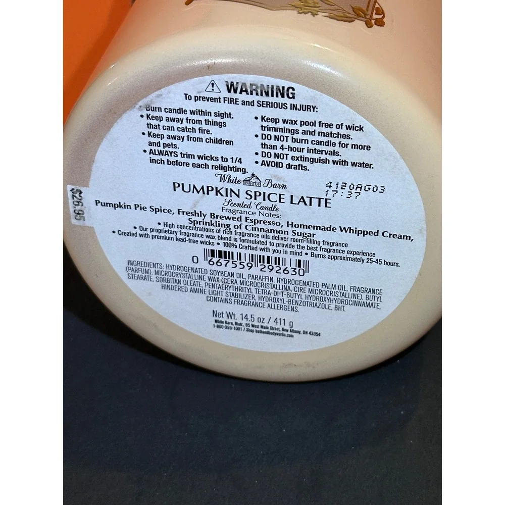 Bath & Body Works White Barn Pumpkin Spice Latte 3-Wick Candle 14.5oz Fall Scent